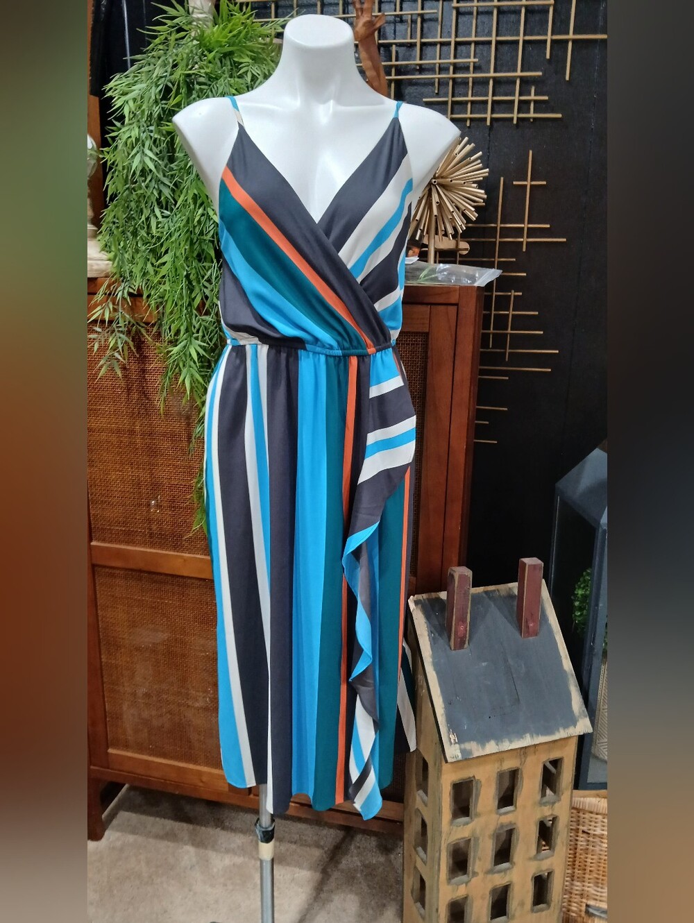 LOFT Teal, Black & White Striped Sleeveless Wrap Midi Dress